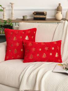 1pc Glittery Snowflake & Christmas Tree Pattern Polyester Pillowcase - Red - View 5