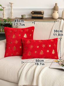 1pc Glittery Snowflake & Christmas Tree Pattern Polyester Pillowcase - Red - View 9