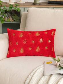 1pc Glittery Snowflake & Christmas Tree Pattern Polyester Pillowcase - Red - View 3