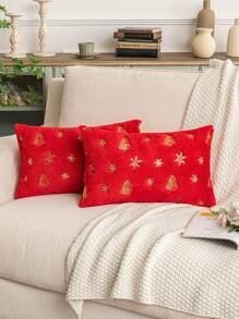 1pc Glittery Snowflake & Christmas Tree Pattern Polyester Pillowcase - Red - View 4