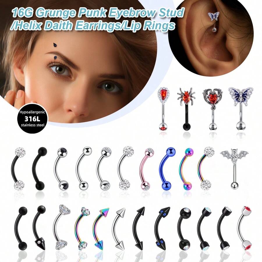 Morlyda 1-28 chiếc khuyên xỏ lông mày 16G thép không gỉ cong thanh tạ nhỏ màu đen khuyên lông mày dọc Labret môi trang sức tai Daith Tragus Rook Helix khuyên tai rốn nhỏ khuyên rốn môi cho phụ nữ nam giới mặc hàng ngày dự tiệc - Nhiều màu - Xem 1