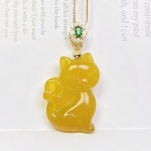 1 Pieza Colgante de collar con cristal de ágata natural en forma de zorro, gatito, chakra de moda, joya guardiana de la paz, tallado a mano, para hombres y mujeres, con significados de paz, riqueza, suerte, felicidad familiar. Apropiado como regalo familiar, navideño u otros días festivos. (Opcionales: cordón, caja de regalo)