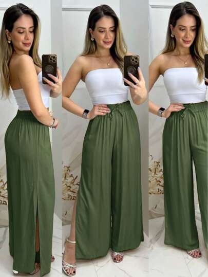 Calça pantalona feminina com forro com fenda