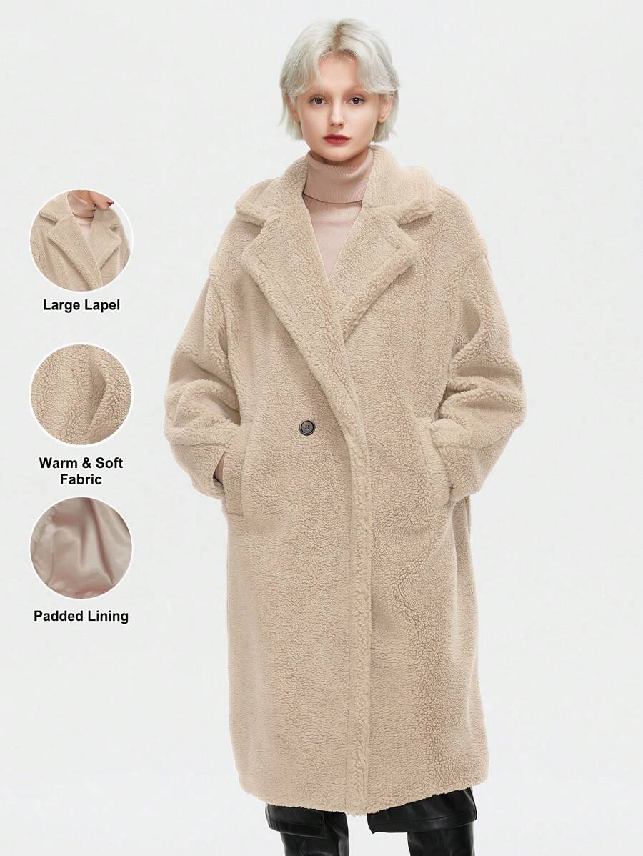 ZIAI Women's Winter Solid Color Long Sleeve Large Lapel Lamb Wool Teddy Long Coat