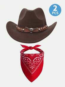 2pcs Western Cowboy Costume Accessories Set - Includes Cowgirl Hat And Bandana Scarf For Farm Halloween Party Dress-Up Props, Cool And Handsome Style With Pop-Culture Theme - Cowboy Hat + Red Scarf - View 14