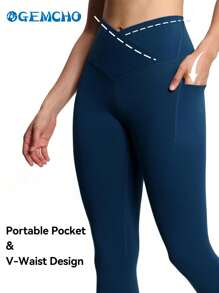 GEMCHO 女士V型交叉腰瑜伽紧身裤，如黄油般柔软，高弹力交叉设计，高腰收腹运动紧身裤 - 藏蓝色 - 查看 2