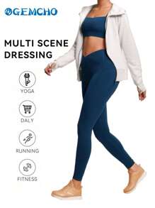 GEMCHO 女士V型交叉腰瑜伽紧身裤，如黄油般柔软，高弹力交叉设计，高腰收腹运动紧身裤 - 藏蓝色 - 查看 4