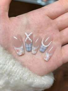 10 件长梯形石膏手绘花格子法式指甲贴，甜美别致，营造氛围，手工制作，适合日常佩戴 - 彩色 - 查看 3