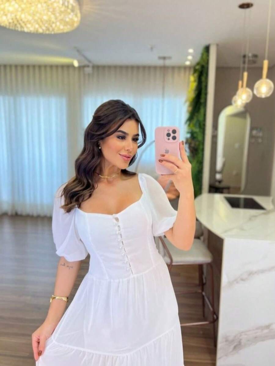 Women's Long Loose  Dress With Ruffles And Puff Sleeves - White - View 1