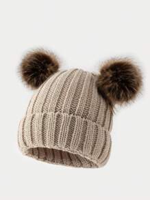 1 件女士时尚双绒球针织无檐小便帽，温暖且适合秋冬季休闲穿着冬季圣诞节无檐小便帽 - 彩色 - 查看 9