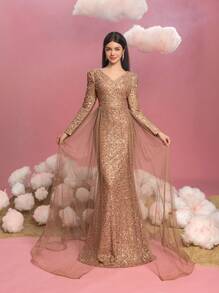 Vestido de noche para adolescentes con lentejuelas brillantes, escote en V elegante, mangas a ras del suelo, paneles laterales de tul transparente y bajo con cola de pez dramática. Vestido de fiesta formal para galas, eventos de alfombra roja, bailes de fin de curso, concursos de belleza, bailes de caridad, formales de invierno, ceremonias de premios y recepciones de lujo por la noche.