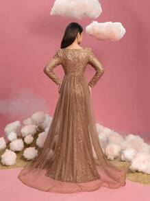Vestido de noche para adolescentes con lentejuelas brillantes, escote en V elegante, mangas a ras del suelo, paneles laterales de tul transparente y bajo con cola de pez dramática. Vestido de fiesta formal para galas, eventos de alfombra roja, bailes de fin de curso, concursos de belleza, bailes de caridad, formales de invierno, ceremonias de premios y recepciones de lujo por la noche.