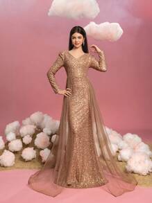Vestido de noche para adolescentes con lentejuelas brillantes, escote en V elegante, mangas a ras del suelo, paneles laterales de tul transparente y bajo con cola de pez dramática. Vestido de fiesta formal para galas, eventos de alfombra roja, bailes de fin de curso, concursos de belleza, bailes de caridad, formales de invierno, ceremonias de premios y recepciones de lujo por la noche.