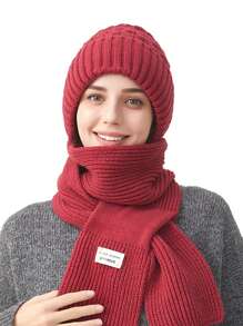 2 件套女士简约纯色竖条纹针织帽、围巾套装带手套，温暖舒适，适合秋冬季休闲户外使用