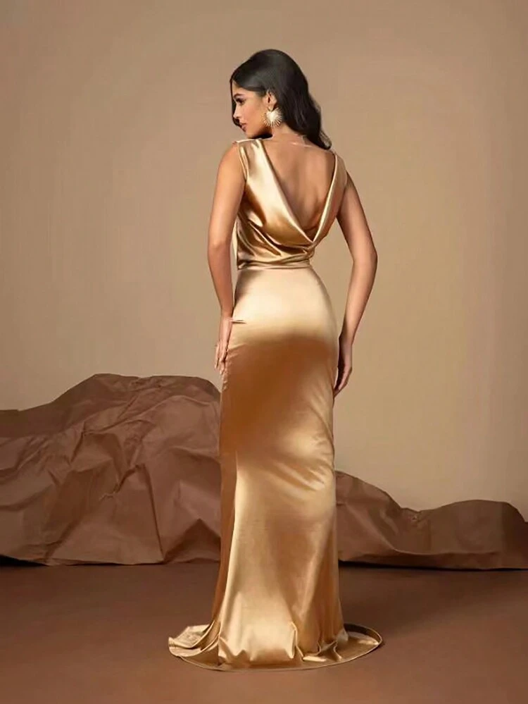 1 pieza Vestido ajustado elegante de unicolor con espalda descubierta y cremallera lateral, adecuado para fiesta de San Valentín - Dorado - Añade 7