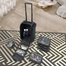 LOYALHEARTDY Rolling Makeup Train Case, Cosmetic Storage Organizer, Trolley For Makeup Artist Nail Technician Hairstylist, Professional Makeup Case - 黑色 - 查看 4