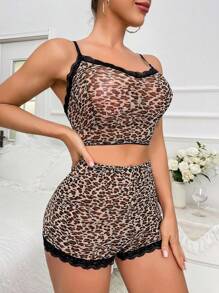 2pcs Light Brown Floral Lace Trim Top And Shorts Sexy Lingerie Set