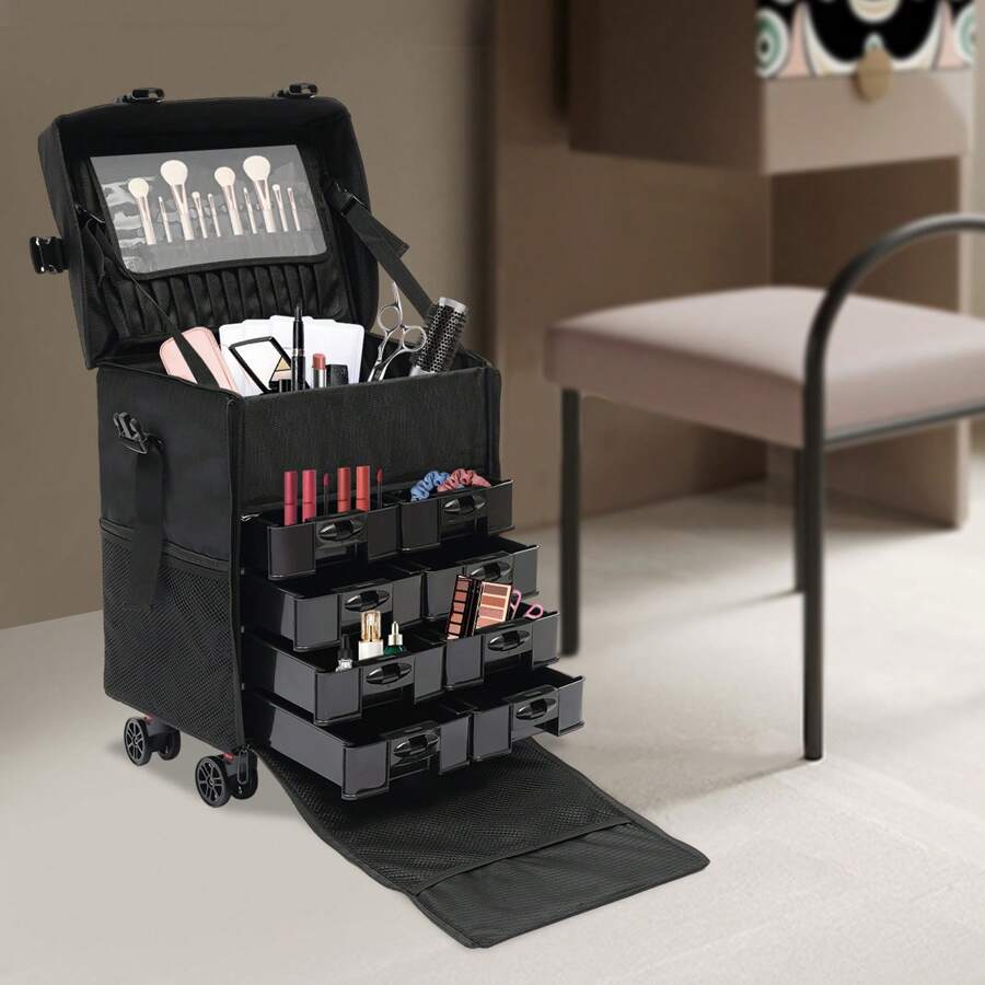 LOYALHEARTDY Rolling Makeup Case, Cosmetic Case Trolley, Make Up Suitcase Cosmetic Trolley, Makeup Suitcase With Wheels - 黑色 - 查看 1