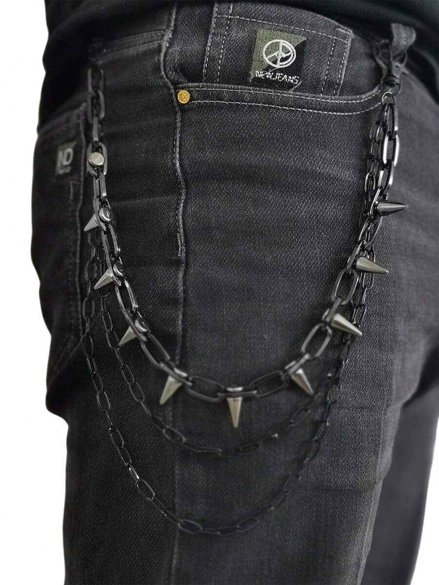 1pc Fashion Spiked Punk Metal Three-Layer Chain Belt, Unisex Punk Hip Hop Street Wear Decor, Fits Jeans, Suitable For All Seasons