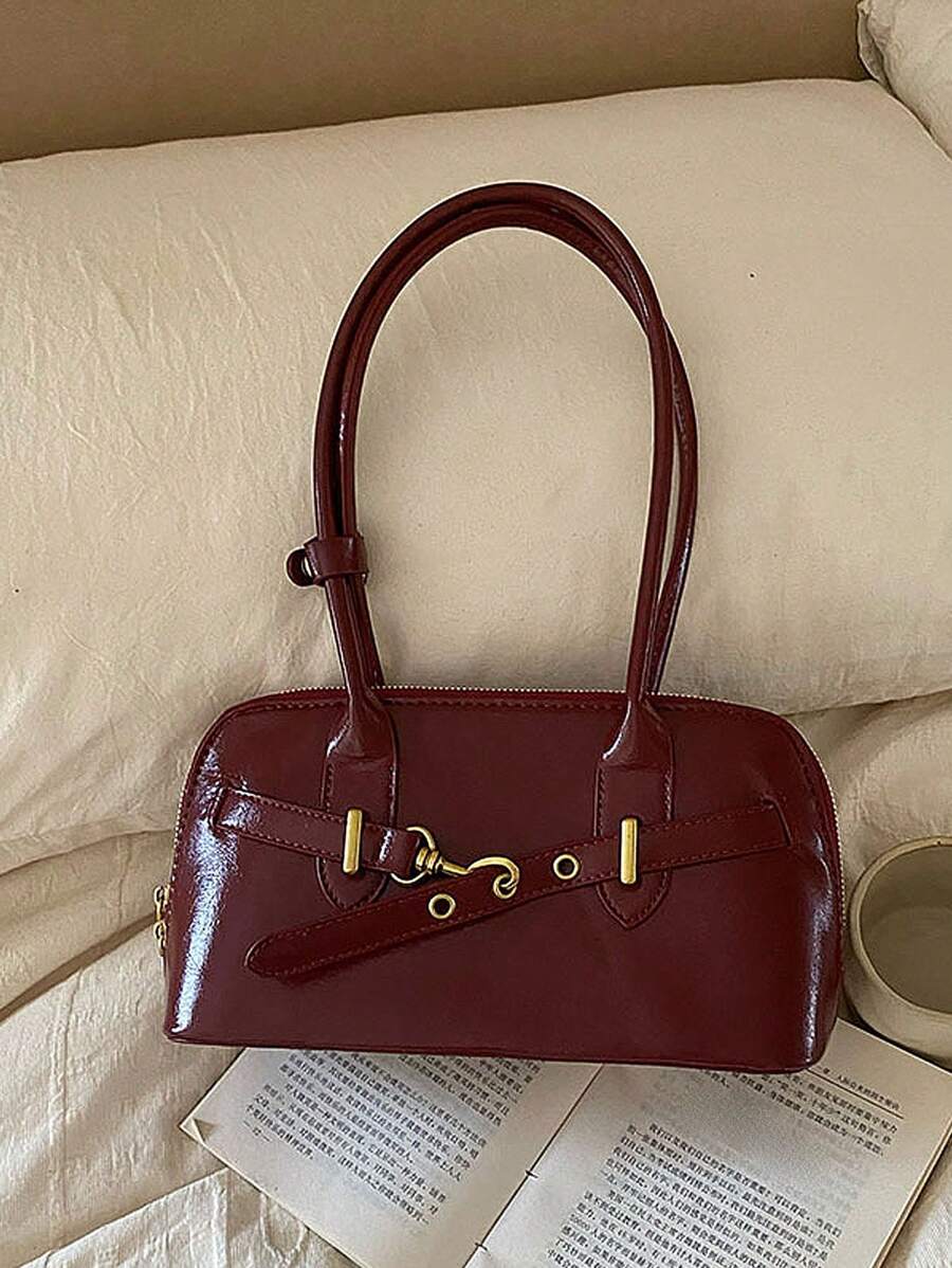 Bolsas femininas vintage, bolsa de boliche com axila, bolsa de grande capacidade para deslocamento, novo design para o outono de 2024, bolsa de inspiração retrô para mulheres - Borgonha - Ver 1