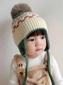 1pc Kids Knitted Beanie Hat With Fashion Pom Pom, Unisex, Windproof & Warm For Autumn/Winter - Knitted Hat-wool Ball - View 5