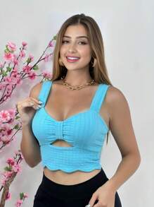 Women's Cropped Top With Low Cut 2184 With Cup And THICK STRAPS And Opening On The Bust - Women's Fashion - One Size - Perfect For Summer, Party, Luxury, Perfect Fit, Sexy, Trend, Fashion, Blogger, Comfortable, Beautiful, Delicate, Basic, Occasional And Modern - 淺藍色 - 查看 3