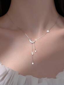 BALMORA 1 件纯银 S925 银复古简约优雅闪亮月亮星锆石流苏吊坠项圈项链女士派对珠宝礼物配饰 - 銀色 - 查看 2