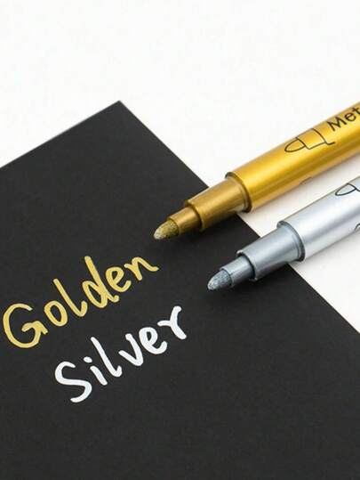 2 piezas de marcadores de pintura metálica en dorado + plateado, aplicables a cualquier material, para manualidades, dibujo en tarjetas negras, artesanía, libreta de bocetos, de vuelta a la escuela