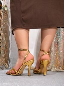 女士金色高跟凉鞋，时尚简约绑带穆勒凉鞋，优雅适合派对和晚宴，舒适的金属色大码女士方头细跟凉鞋，宽楦设计，春夏穿搭 - 金色 - 查看 6