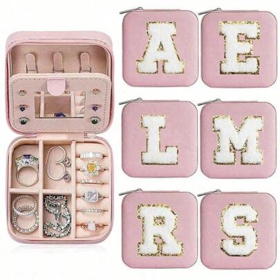 1 件迷你珠宝旅行盒，小型珠宝盒，旅行珠宝收纳盒，便携式珠宝收纳盒，适用于戒指、耳环、项链、手链、手镯收纳盒，女孩女士盒（粉色镜子 A-Z）