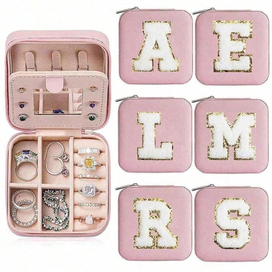 1 件迷你珠宝旅行盒，小型珠宝盒，旅行珠宝收纳盒，便携式珠宝收纳盒，适用于戒指、耳环、项链、手链、手镯收纳盒，女孩女士盒（粉色镜子 A-Z） - 粉色 - 查看 1
