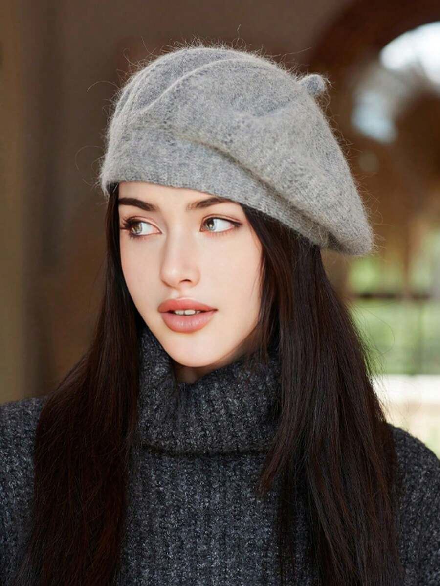 1pc Women's Knitted Beret Hat, Thick Ear Protection, Windproof, Warm, Casual, Elegant Vintage Street Style, Versatile, Fits Large Head Circumference, Suitable For Outdoor, Shopping, Skiing, Cycling, Travel, Party, Daily Use, Autumn/Winter