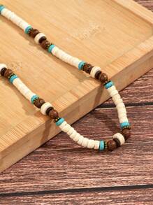 1pc Summer Bohemia White Coconut Surfer Necklace For Men, Jewelry, Vintage Wooden Beads Necklace For Men(Glass Beads Come In Random Colors)