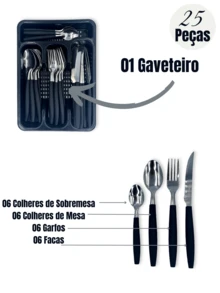 25 Pieces Stainless Steel Cutlery Set With Drawer Kitchen Organization - 黑色 - 查看 2