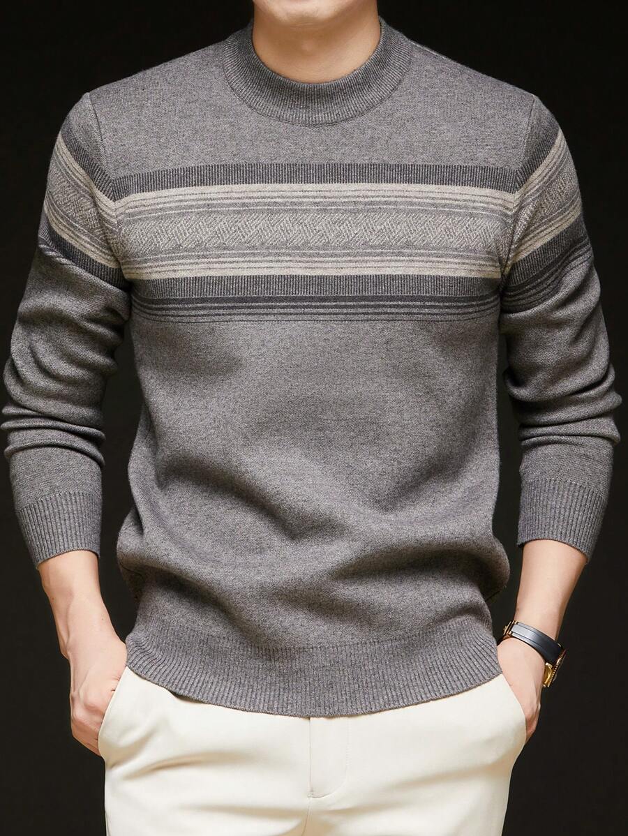 Grey Men's Striped Crew Neck Casual Minimalist Thick Knitted Sweater For Winter, For Fall, Long Sleeve Top - Grey - View 1