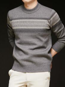 Grey Men's Striped Crew Neck Casual Minimalist Thick Knitted Sweater For Winter, For Fall, Long Sleeve Top - Grey - View 3