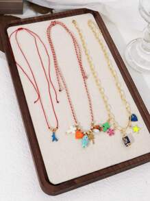 复古波西米亚风绿松石十字架、陶瓷鱼、棕榈树、花朵、星星、心形串珠编织项链，适合节日派对配饰 - 彩色 - 查看 4
