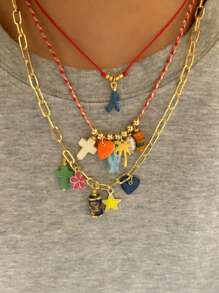 复古波西米亚风绿松石十字架、陶瓷鱼、棕榈树、花朵、星星、心形串珠编织项链，适合节日派对配饰 - 彩色 - 查看 1