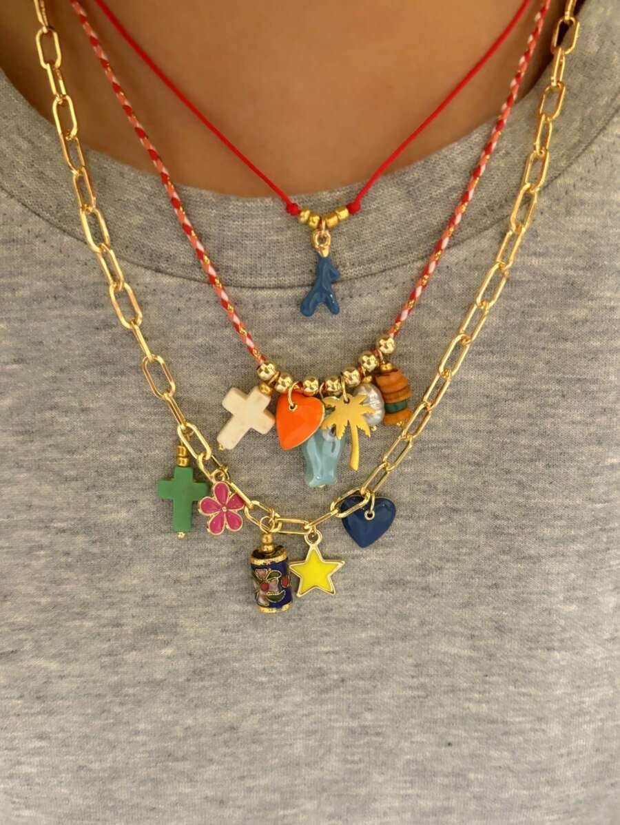 复古波西米亚风绿松石十字架、陶瓷鱼、棕榈树、花朵、星星、心形串珠编织项链，适合节日派对配饰 - 彩色 - 查看 1