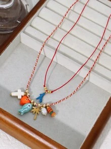 复古波西米亚风绿松石十字架、陶瓷鱼、棕榈树、花朵、星星、心形串珠编织项链，适合节日派对配饰 - 彩色 - 查看 5