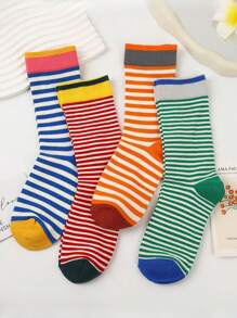 Set de 4 pares de medias hasta la pantorrilla cómodas, transpirables y suaves con rayas de contraste, de estilo moderno y combinables con todo, aptas para uso diario en todas las estaciones, para mujeres - Multicolor - Ver 2