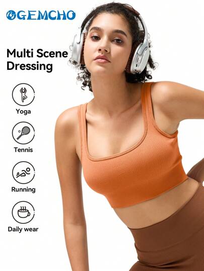 GEMCHO Women's Solid Color Square Neck Removable Padded Sports Bra Yoga Fitness Tank Top