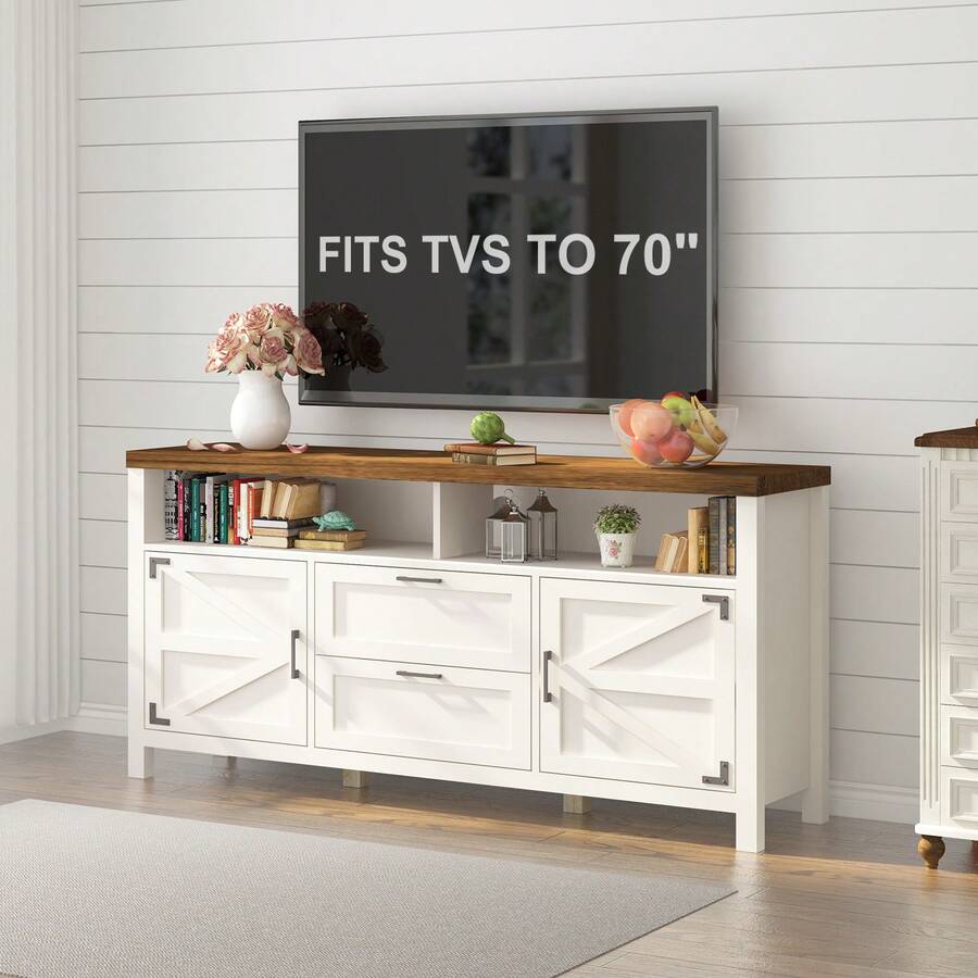 Farmhouse Barn Door TV Stand For 55 Inch TV Modern Wood Entertainment