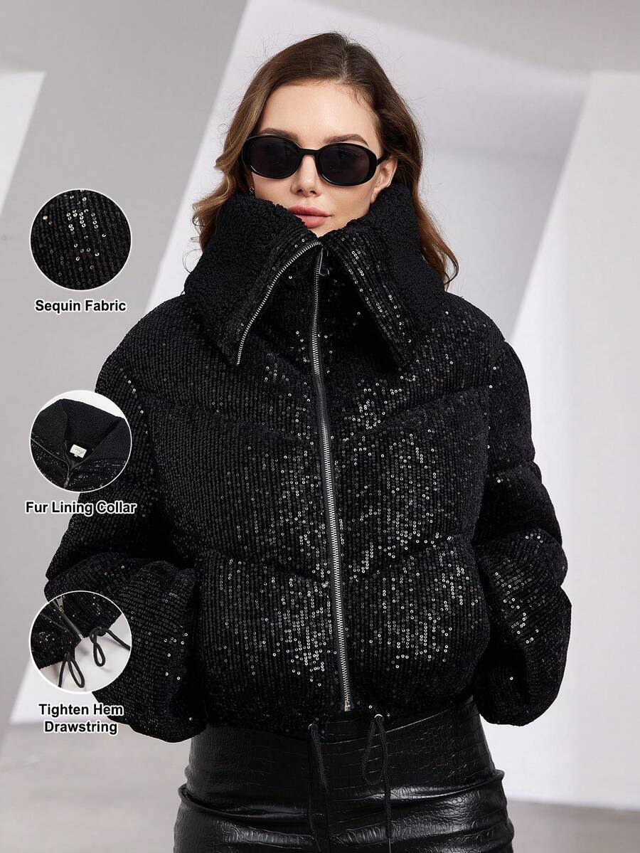 ZIAI High Quality Sequin Fur Trimmed Fashion Winter Warm Fur Hooded Women's Short Padded Coat - Black - View 1