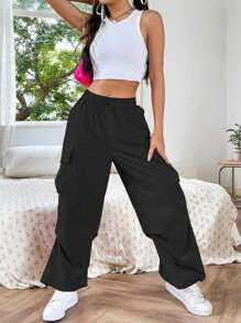 1pc Teen Girl Baggy Versatile Flip Pocket Side Drawstring Outdoor Cargo Pants, Spring/Summer/Autumn/Winter - Black - View 5