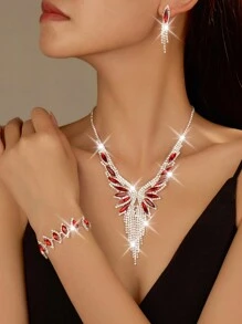 3 套精美超闪亮钻石项链、耳环和手链 - 适合女性日常佩戴、婚礼、派对等。 - 銀紅色 - 查看 1