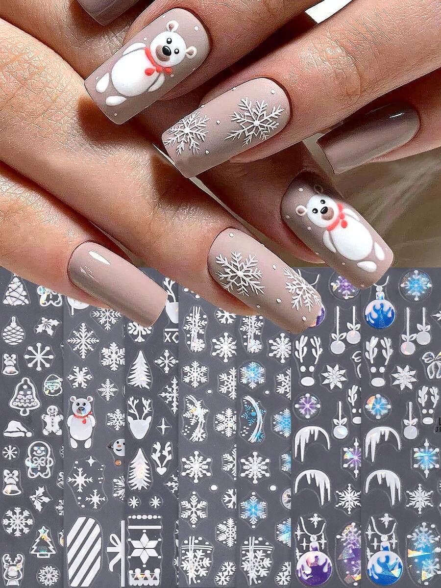 7 Pack Laser Embossed Christmas Nail Stickers Elk Snowflake Santa Claus