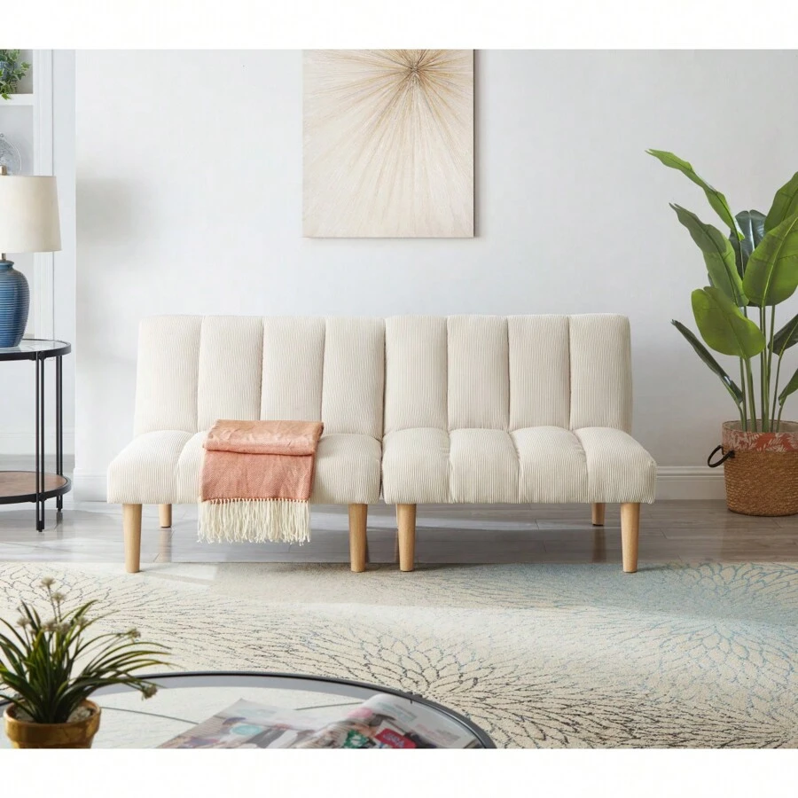 Corduroy Fabric, Wooden Legs Convertible Sofa Bed (Color:Beige)