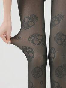 Quần bó họa tiết Halloween thanh lịch dành cho nữ - Vải dệt kim Polyester pha Spandex và Nylon, Một đôi ấm áp 200g, Quần bó in hình đầu lâu có thể giặt bằng máy - Nhiều màu - Xem 6