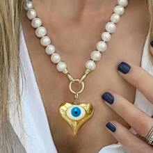 Funky Jewelry Luxury Chunky Gold Color Christ Glass Pearl Cross Charm Pendant Toggle Clasp Necklace Statement Gift Vintage Chain Jewelry ( Each Item Back Is Different )